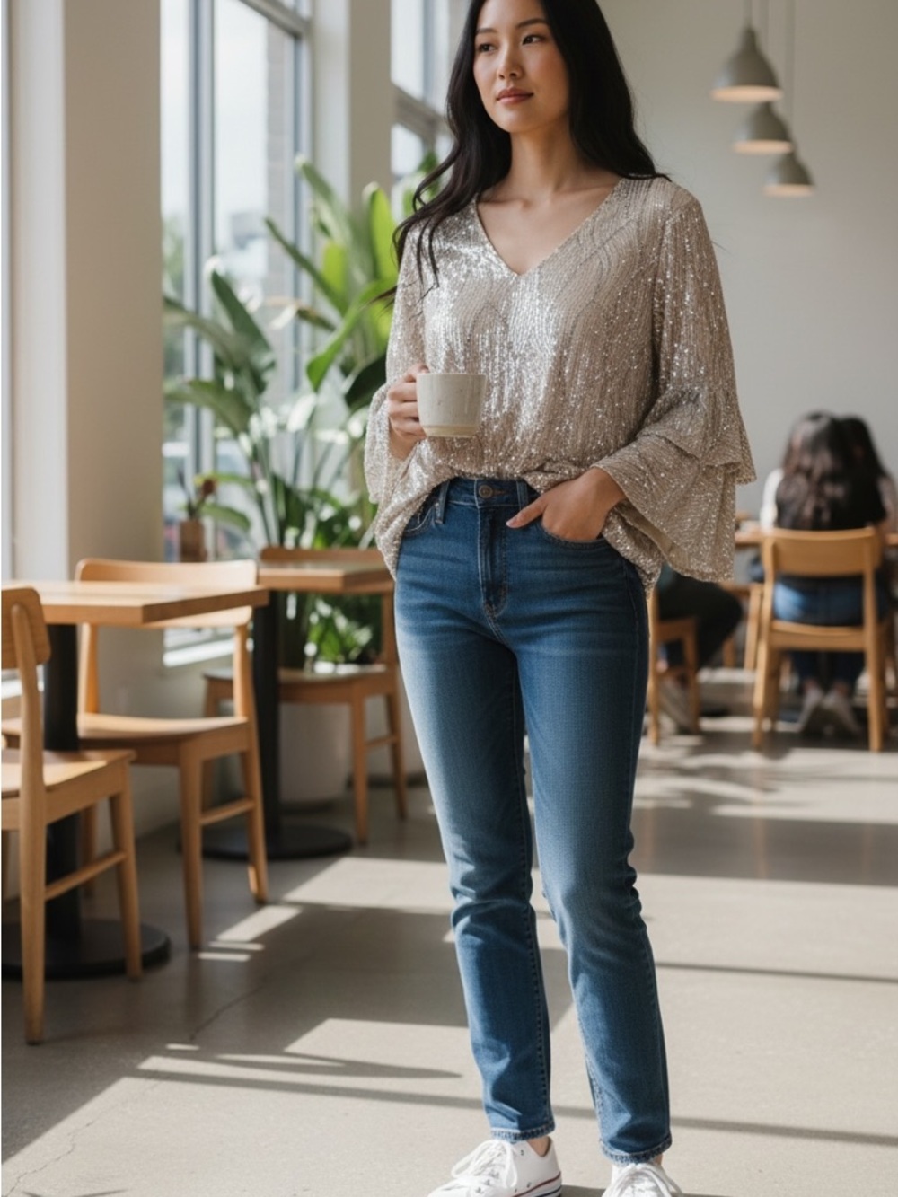 Embellished V-Neck Bell Sleeve Blouse in Champagne